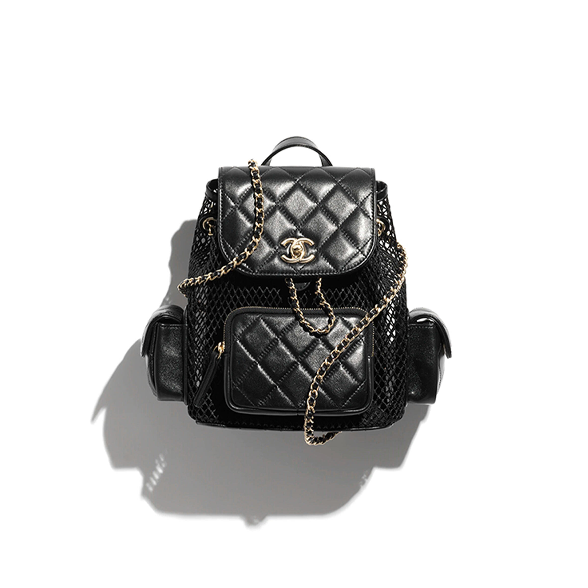 CHANEL BACKPACK MESH, SHINY LAMBSKIN & GOLD-TONE METAL BLACK AS5484 (25*23*14cm)